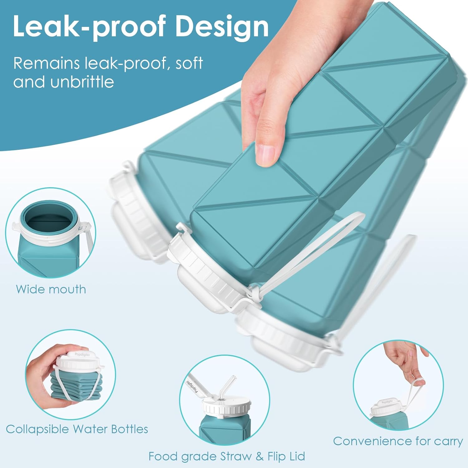 2 pack Collapsible Water Bottles Leakproof Lid –Food-Grade BPA-Free Silicone Travel Bottles –Foldable Water Bottle 610ml &straw for Outdoor Travel Gym,Hiking,Sports,Camping,Biking Reusable - Image 3