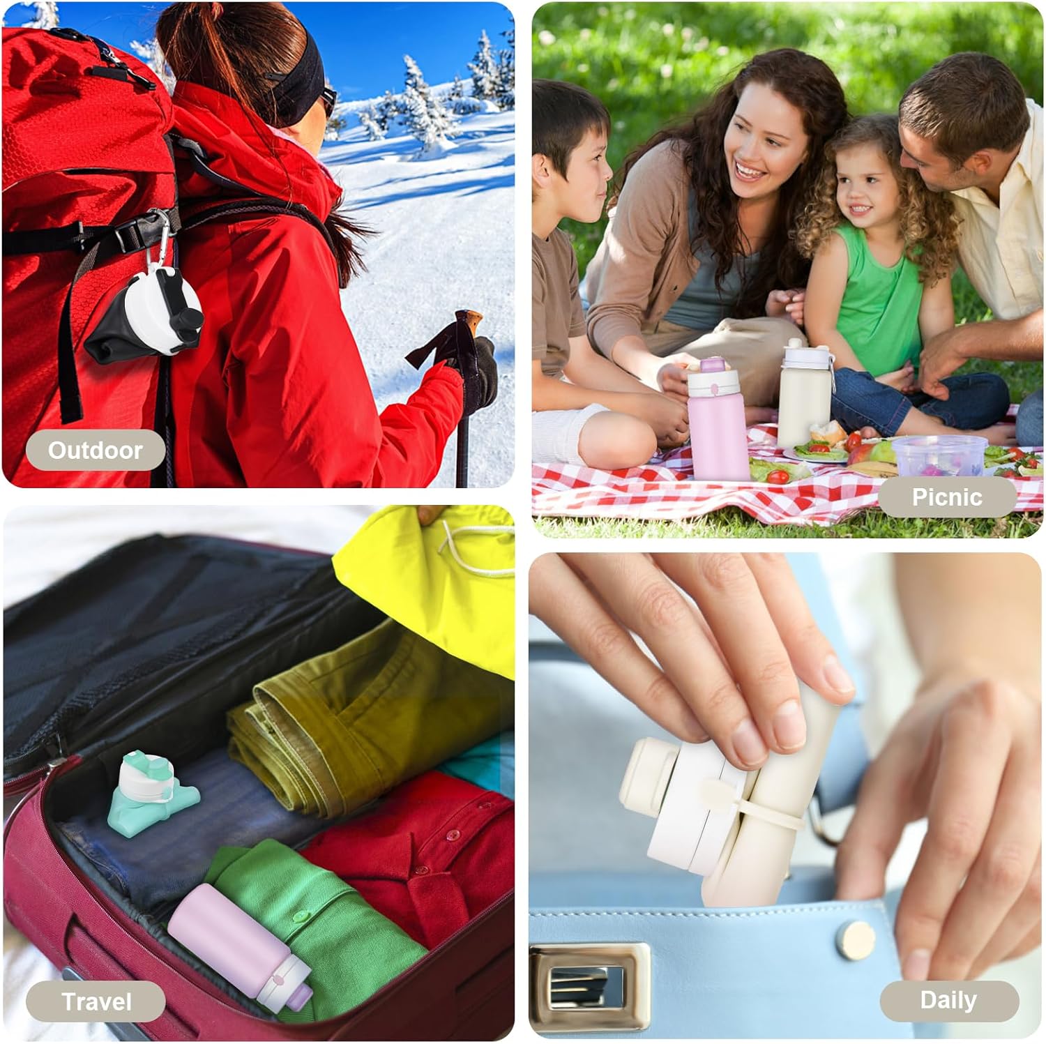 Collapsible Water Bottle, Camping Cup With Carabiner, Reuseable Silicone Foldable Leak Proof Portable Sports Travel Water Bottles For Outdoor, Travel Gym Hiking, BPA Free, Cycling Cups with Carabiner - Image 7
