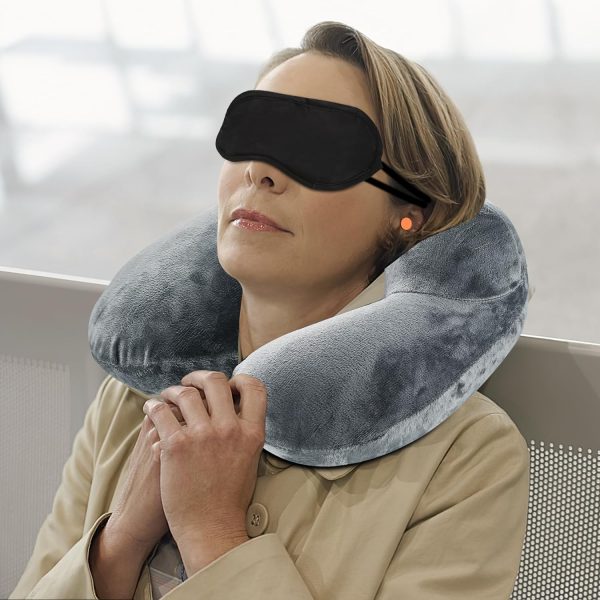 Inflatable Travel Neck Pillow for Airplane, 360° Head Support Velvet Adult Neck Pillow for Long Flight, Removable Washable Cover, Kit with Eye Masks, Earplugs & Storage Bag, Grey