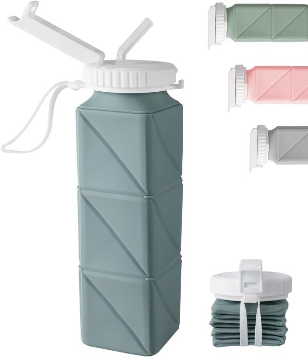 Opard Collapsible Water Bottles 21 Oz - BPA Free, Leak Proof, Foldable Silicone Collapse Water Bottle with Straw, Easy to Compact and Expandable, Travel Essentials Accessories